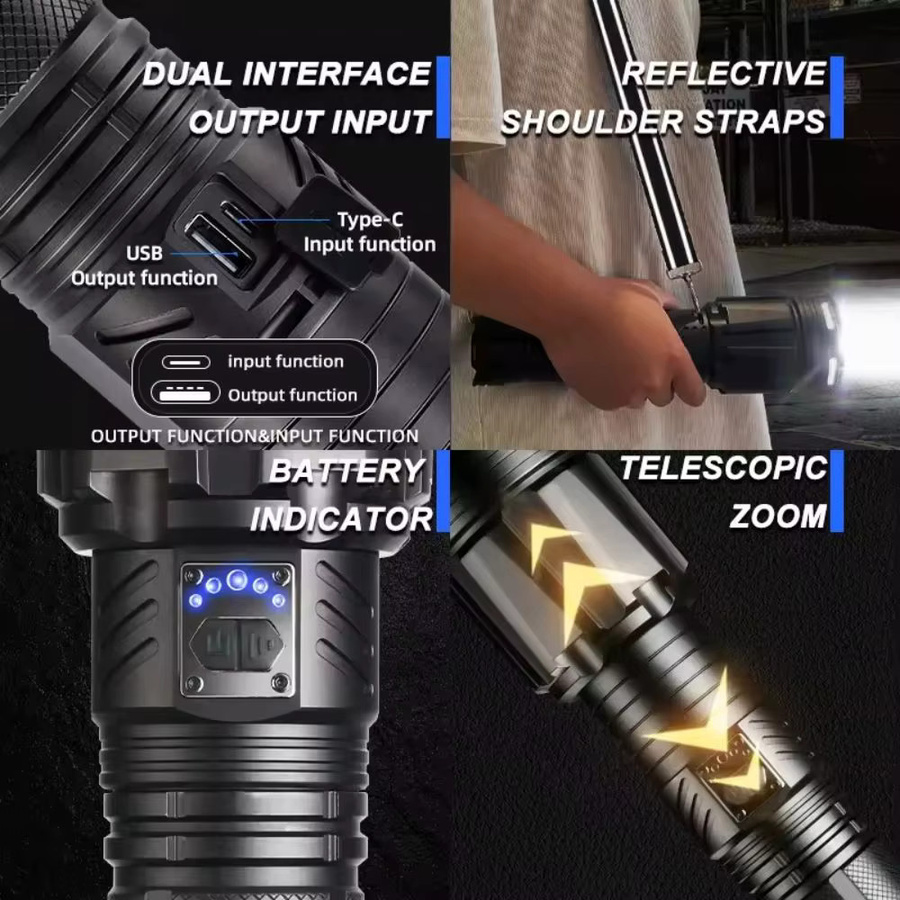 ASORT Hochleistungs-XHP360 Taschenlampe mit Doppel-Lichtquelle und 7 Beleuchtungsmodi, wiederaufladbare LED Laterne in Schwarz - Bild 3
