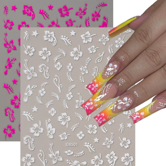 HotPress Nagelaufkleber Hibiskusblüten, Weiß/Lila-Rot, 2/1 Stück - Bild 1
