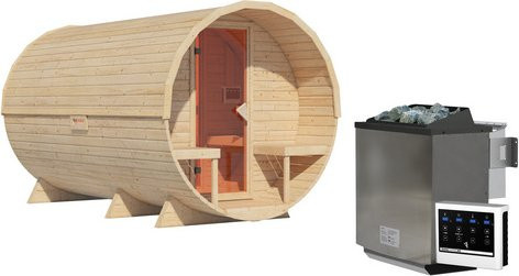 KARIBU Fasssauna Lauvas 3 in Braun mit 9kW Bio-Ofen und externer Steuerung, B/T/H: 389 x 224 x 229 cm - Bild 1