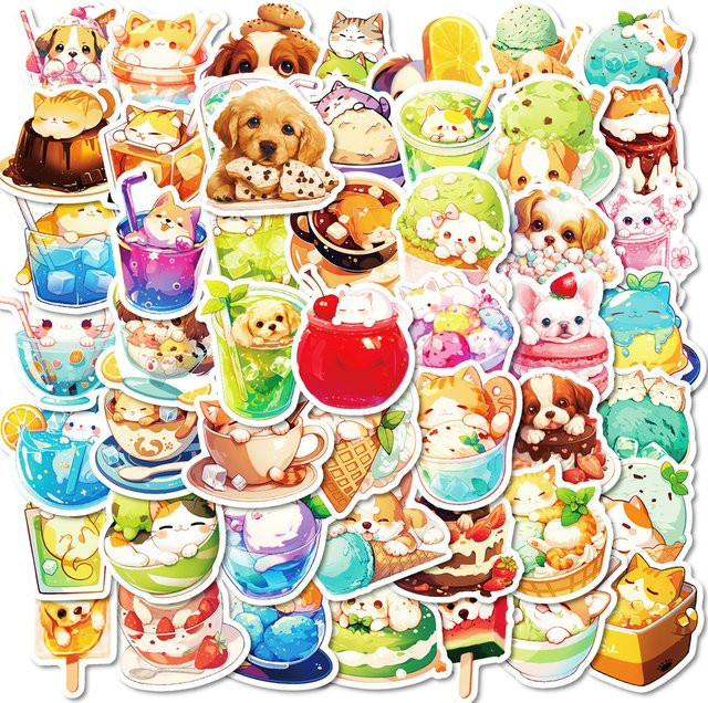 50 wasserfeste Aufkleber mit handgezeichneten Lebensmittel- und Hundeskizzen in Multicolour für Kinder und Sammelalben - Bild 1