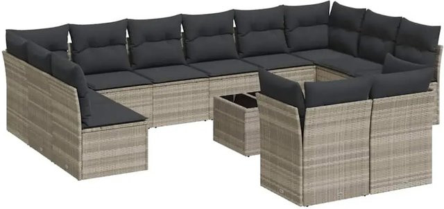 vidaXL 13-tlg. Garten-Sofagarnitur in L-Form mit Kissen und Couchtisch, Hellgrau, Polyrattan und Metall - Bild 1