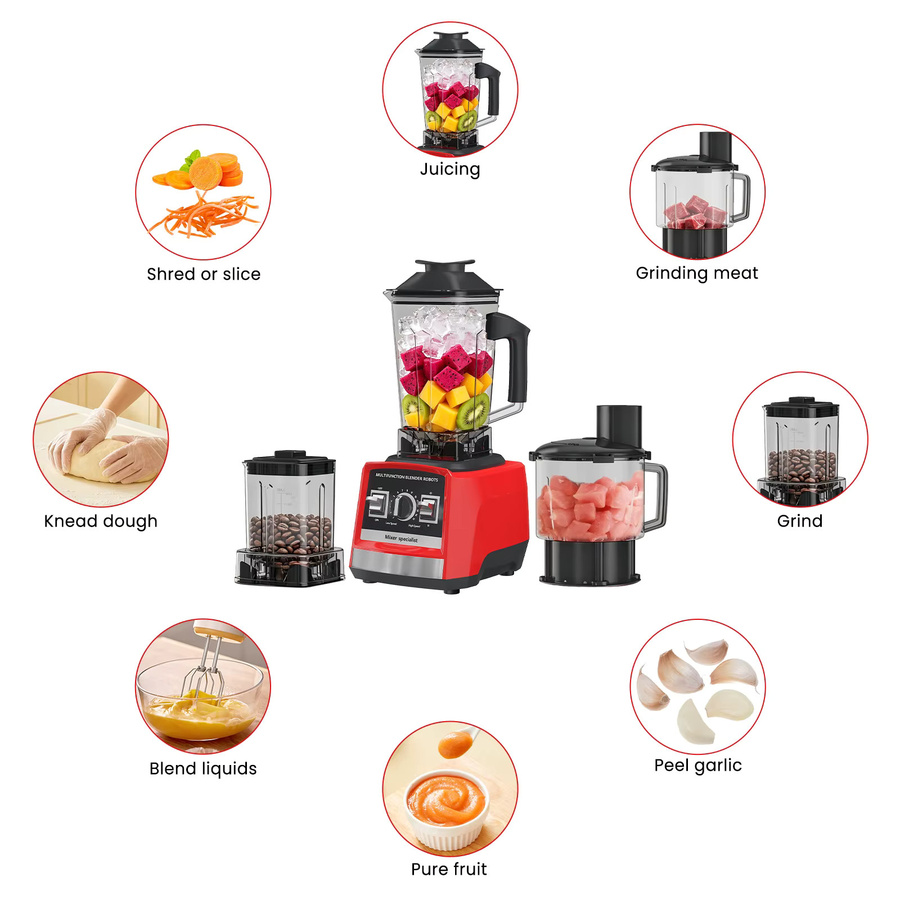 WUIETI 8-in-1 Multifunktionsmixer in Rot mit 9500W und 3L Kapazität, Küchenmaschine als Entsafter, Fleischzerkleinerer, Teigbereiter und Zitruspresse - Bild 6