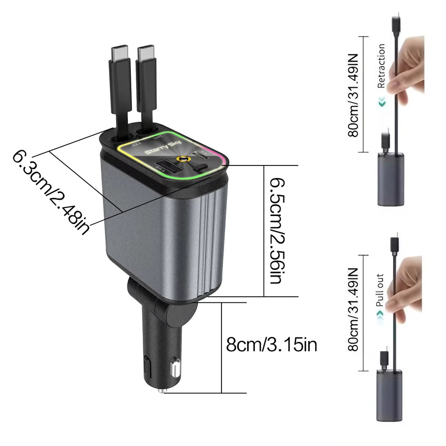 4-in-1 Einziehbares Autoladegerät mit USB-Typ-C-Kabel und 2 USB-C Ladeanschlüssen in Schwarz - Bild 4