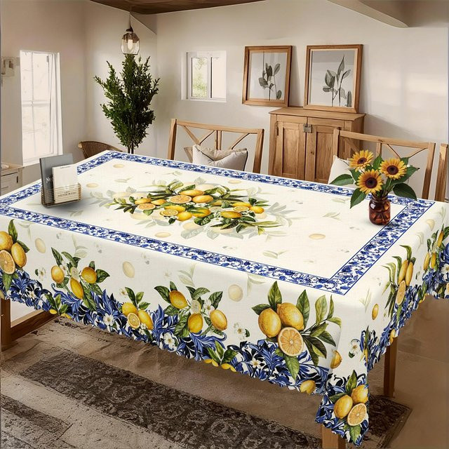 JMG Household Supplies Rechteckige Tischdecke mit Zitronen- und Blumenmuster in Blau und Weiß, B/L: 140 x 200 cm - Bild 1