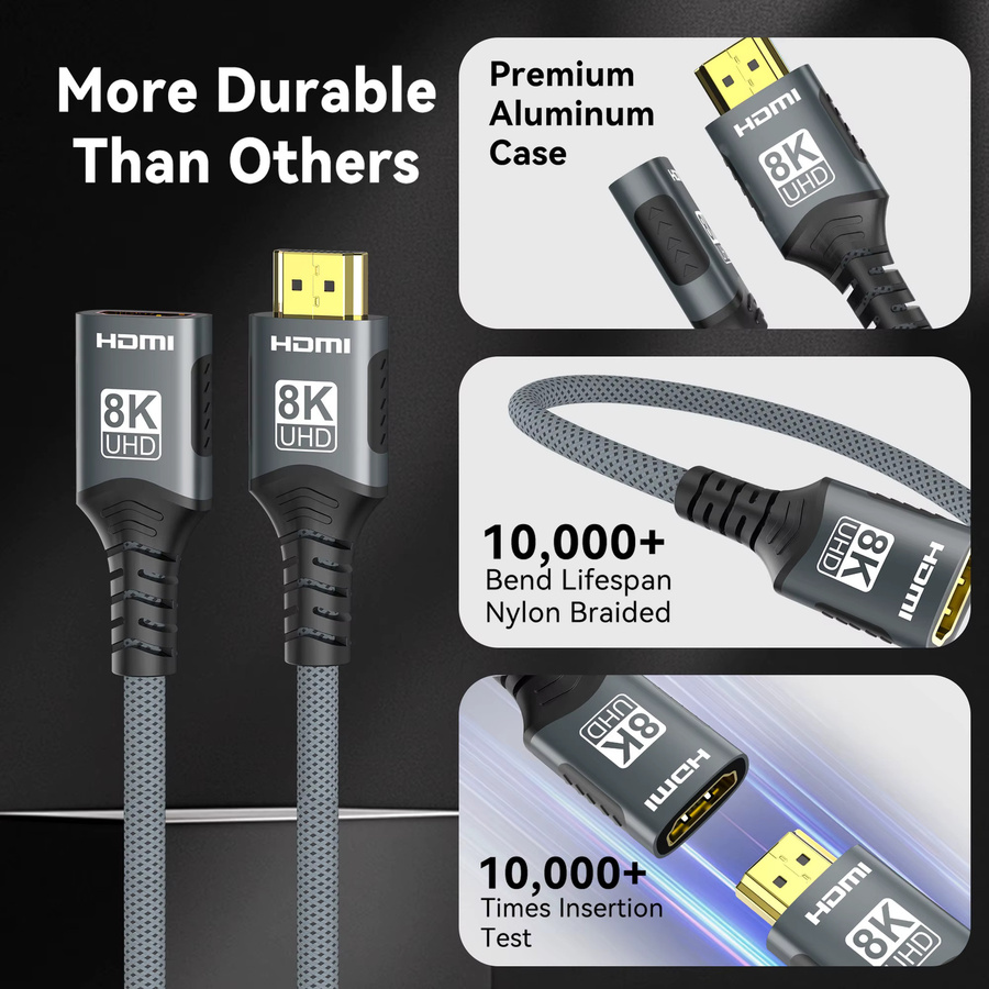 FDBOY HDMI 2.1 Verlängerungskabel Schwarz, 8K 60Hz und 4K 120Hz Extender Stecker auf Buchse für PC, TV und Projektor - Bild 4