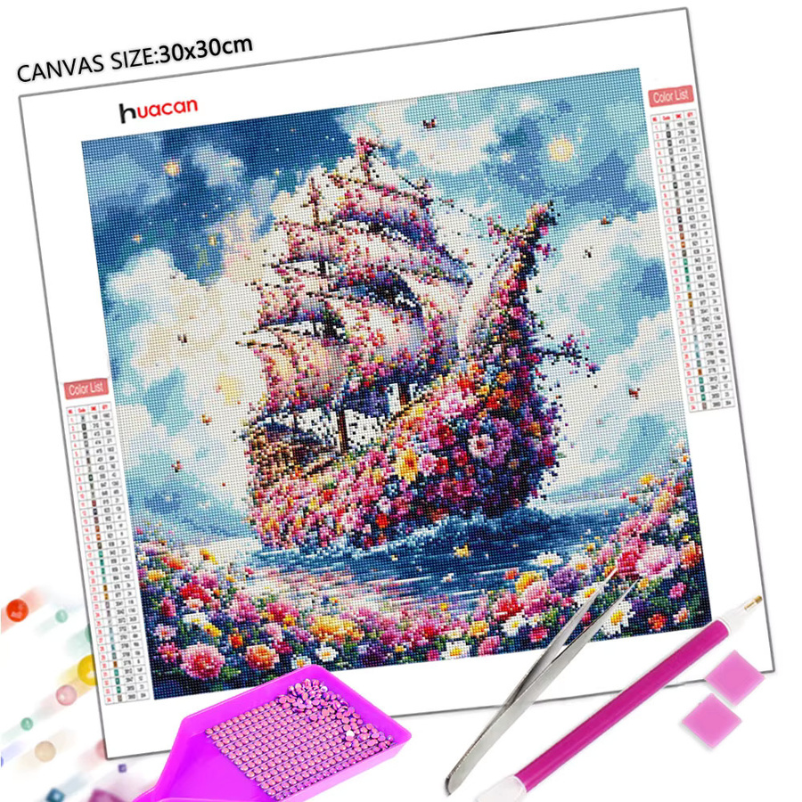 Huacan Diamantmalerei Blumenmeer und Segelboot als Landschaftskunst Dekorative Mosaik-Gemälde in Mehrfarbig, B/H: 20 x 20 cm - Bild 2