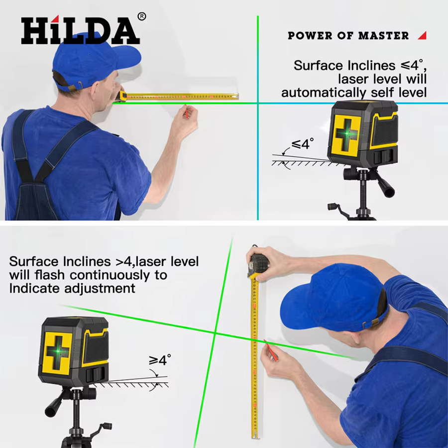 Hilda 2-Linien-Laser-Nivelliergerät mit Stativ, selbstnivellierend, grünes Kreuzlicht, horizontal und vertikal, grün/gelb - Bild 3