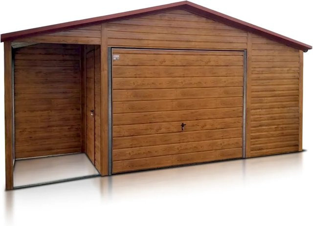 Liderstal Einzelgarage Standard aus Blech mit Satteldach und Schwingtor in Eiche Holznachbildung, B: 600 cm, H: 280 cm, T: 600 cm - Bild 1