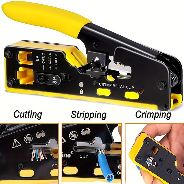 NIUXIANG Ratschenmodular-Datenkabelcrimper, Abisolierzange und Drahtschneider für RJ11, RJ12 und RJ45 Pass-Thru-Anschlüsse in Gelb - Bild 1