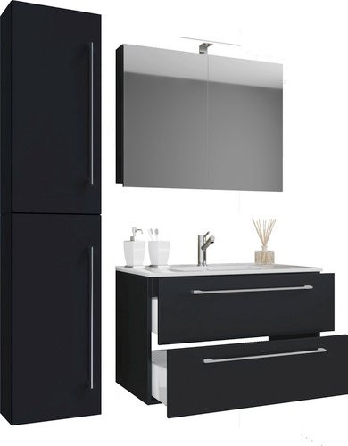 VCM Badmöbel-Set Badinos, 4-teilig mit Spiegelschrank, Unterschrank, Waschbecken und Hochschrank, schwarz matt, B/H/T: 61 x 52 x 46,4 cm - Bild 1
