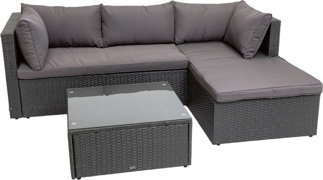 LIVARNO HOME Loungeecke mit Tisch aus Polyrattan in Grau mit Polsterkissen und Wetterschutzabdeckung - Bild 1