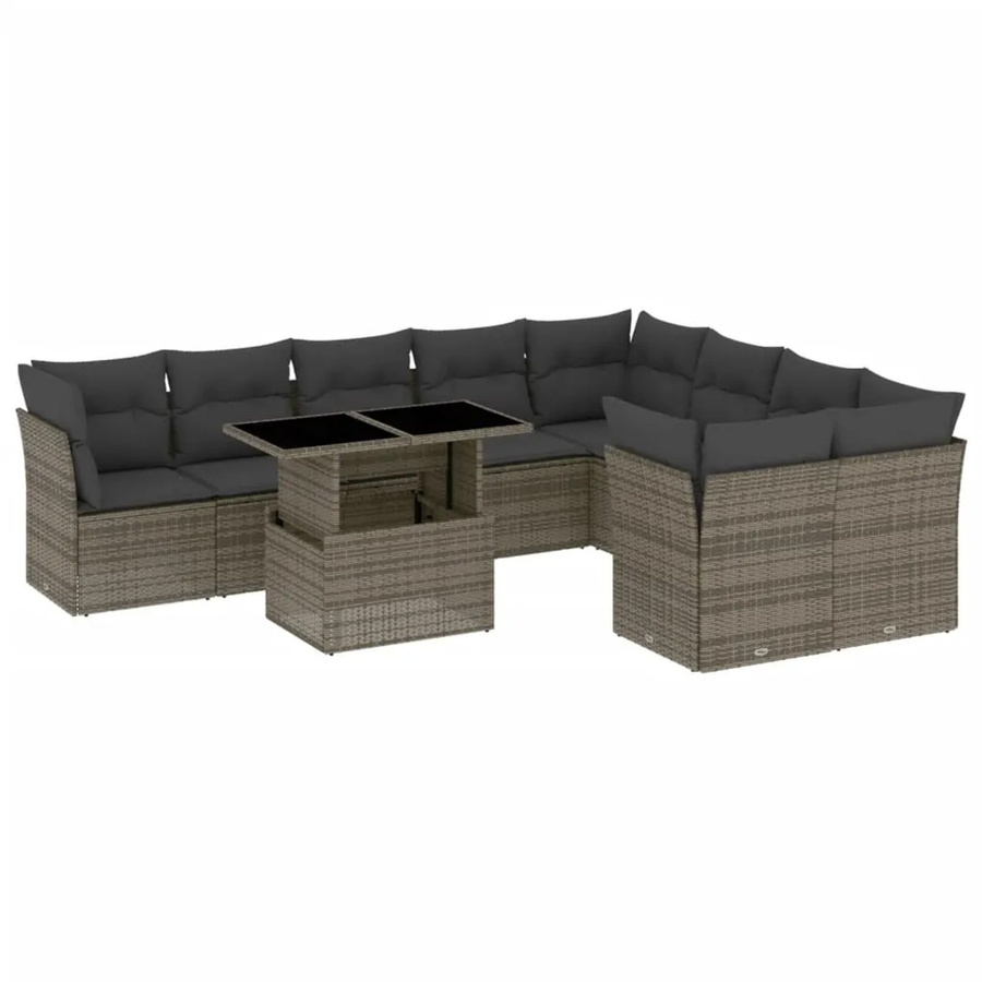 vidaXL 10-tlg Garten-Sofagarnitur aus grauem Poly-Rattan mit Kissen und Gartentisch in L-Form - Bild 2