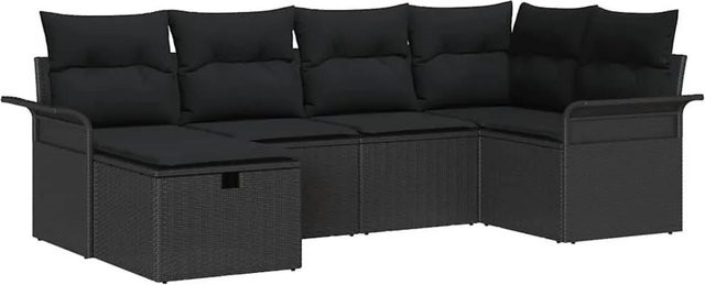 vidaXL Gartensofa-Set aus Poly-Rattan in Schwarz mit 6 Teilen und Kissen, L-Form mit pulverbeschichtetem Stahlgestell - Bild 1