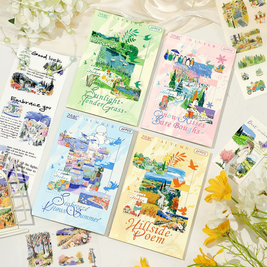 Retro-Stickerbuch mit 20 Blatt Jahreszeiten-Landschaften in Multicolour - Bild 1