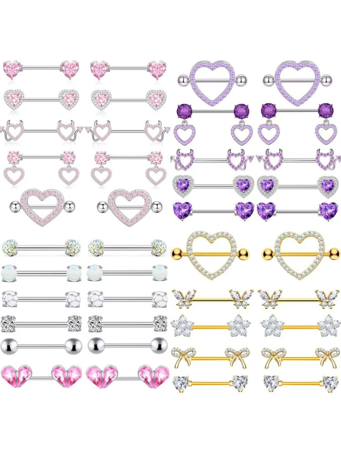 Brustwarzenpiercing-Set Edelstahl, Kristall, Schmetterling, Herz, Pink, Unisex - Bild 1