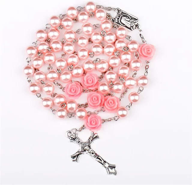 DAIPAN Halskette, Rosa Glas Perlen, Kruzifix Kreuz Anhänger, Unisex - Bild 1