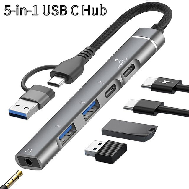 DIXSG USB-C auf 3,5 mm Audio-Adapter und OTG-USB-Hub Dockingstation in Grau - Bild 1