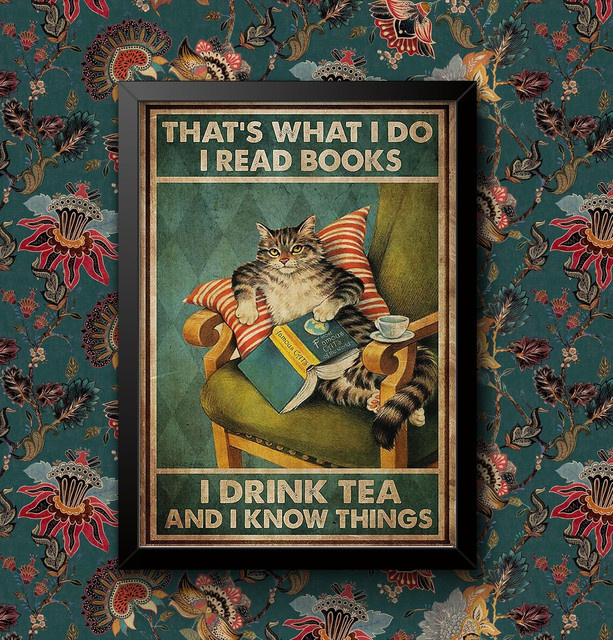 Vintage Posterdruck SHENCHEN Katze I Read Books and Drink Tea Wandkunst in Mehrfarbig - Bild 1