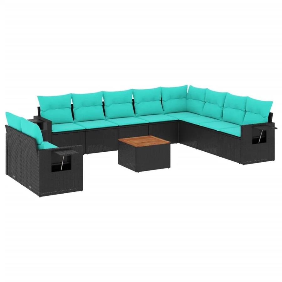 vidaXL 11-tlg. Gartensofa-Set aus schwarzem Polyrattan mit blauen Kissen und Couchtisch in L-Form - Bild 2