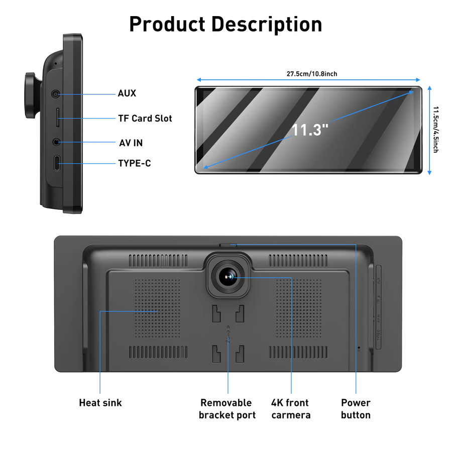 ESSGOO Tragbare 11.3 Zoll 4K CarPlay Anzeige mit Android Auto, Dashcam-Rekorder und Rückfahrkamera, Schwarz, mit GPS, WiFi, Bluetooth und Sprachsteuerung - Bild 6