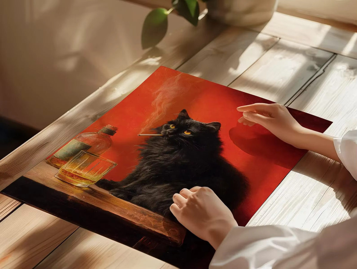 Vintage Poster mit schwarzer Katze im Portrait-Stil von SHENCHEN als skurrile Wandkunst für deine Küche oder Bar - Bild 4