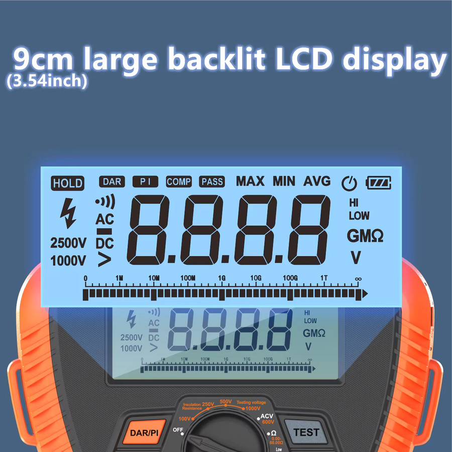 NJTY Digitales Megohmmeter Isolationswiderstandstester 1000 V/2500 V in Orange mit Messung des Absorptionsverhältnisses und niedrigem Widerstand bis 200 GΩ - Bild 2