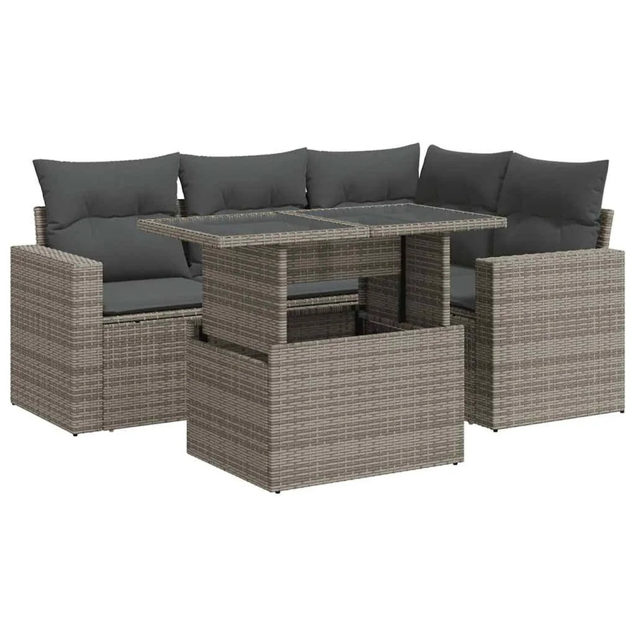 vidaXL 5-teilige Garten-Sofagarnitur in L-Form aus grauem Poly-Rattan mit wetterfesten Kissen und pulverbeschichtetem Stahlgestell - Bild 2