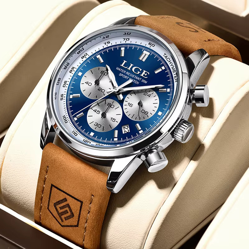 LIGE Armbanduhr Chronograph, Quarz, Leder, Herren, Blau - Bild 6