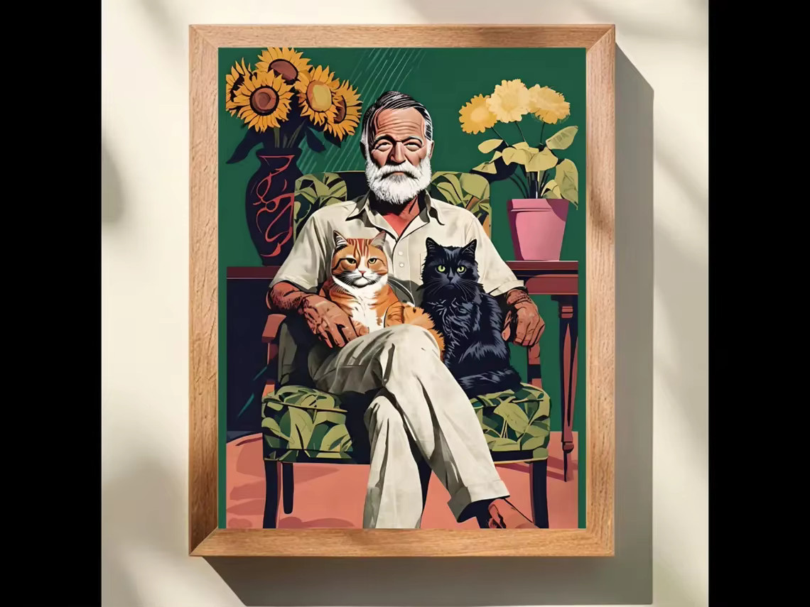 Hemingway Cats Wandkunst von SHENCHEN – Bunte Grafik mit Ernest Hemingway und Polydactyl-Katzen als Poster - Bild 4