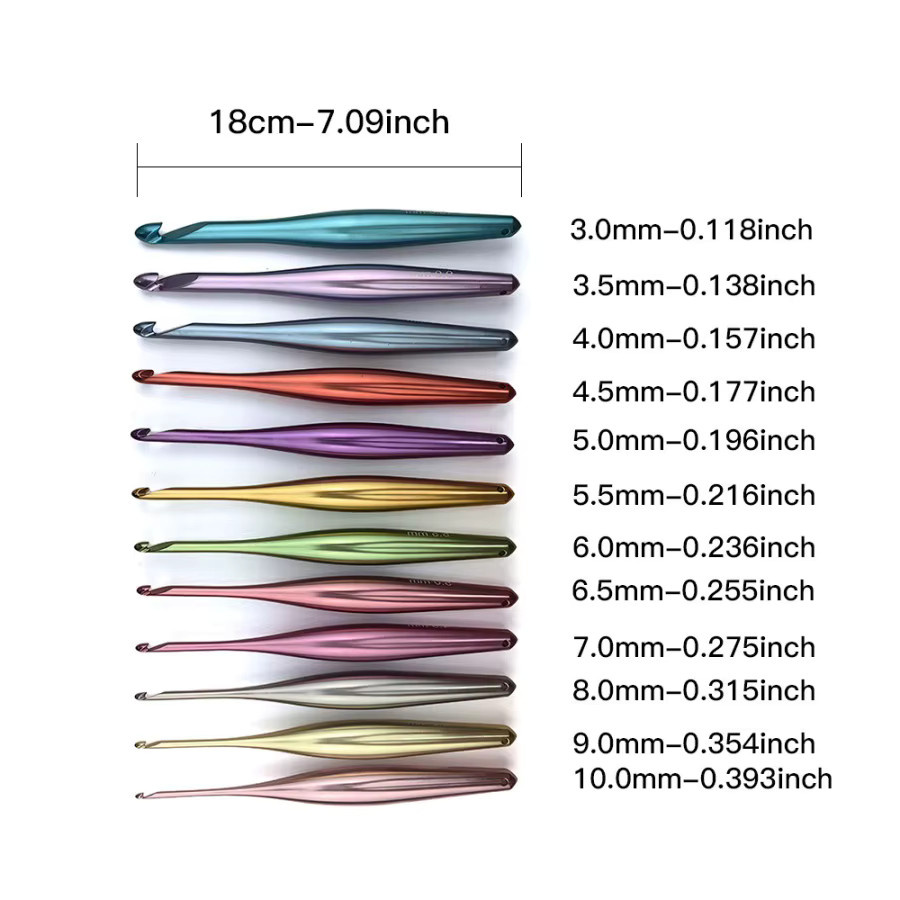12-teiliges Häkelnadel-Set aus Aluminiumlegierung mit ergonomischem Griff in Multicolour, Größen 3,0–10,0 mm zum Basteln und Stricken - Bild 2