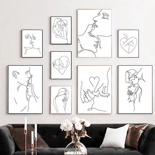 Potdemiel Minimalistische Leinwanddrucke Paar Kuss Herz und Hand in Hand in Schwarz-Weiß - Bild 1