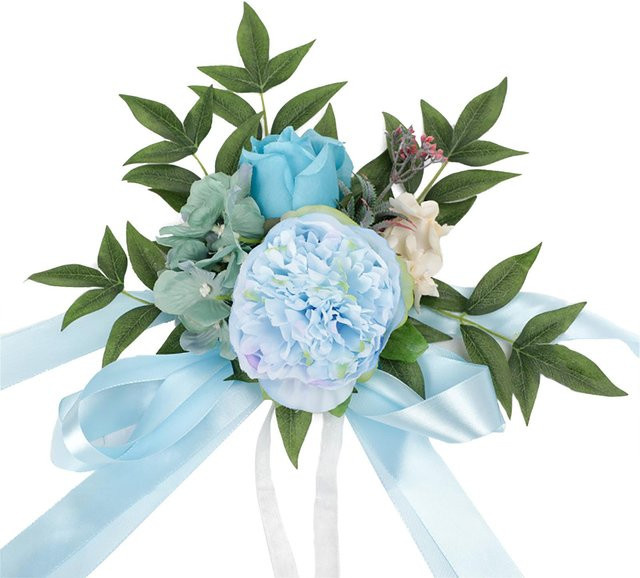 Künstliches Rosen-Blumenarrangement mit langem Band von Tooarts in Hellblau und Grau aus Textil - Bild 1