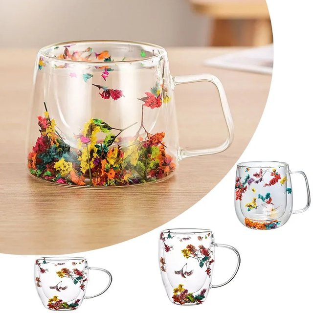 YWDL Doppelwandige Glastasse mit Griff, transparent, floral, 180 ml - Bild 1