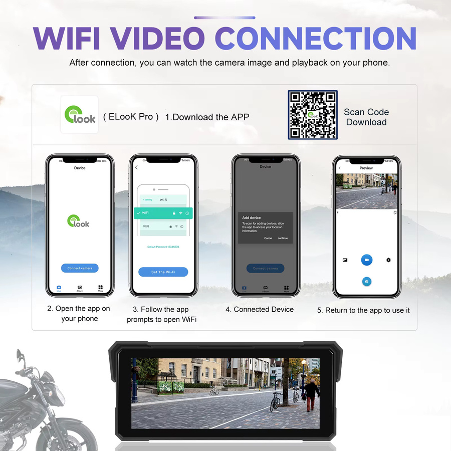 Podofo Tragbarer Motorrad-Monitor mit 8,1 Zoll Display, Kabelloses CarPlay und Android Auto, IP68 Wasserdicht, DVR mit 2 Kameras, Schwarz - Bild 3