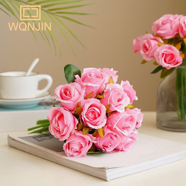 WQNJIN Künstlicher Brautstrauß mit 12 Rosen aus Seide in Pink und Lila - Bild 1