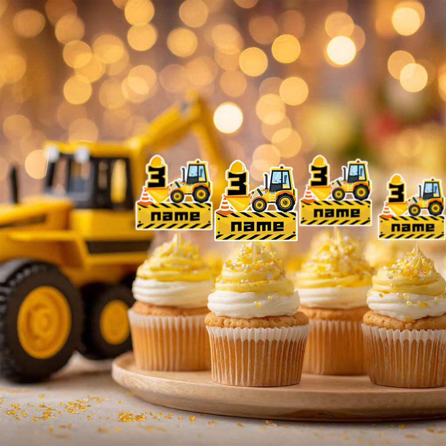 WEIGAO Baby Geburtstagsdeko Set mit Baustellenfahrzeug Motiv, Banner, Aufklebern und Kuchen-Deko in Mehrfarbig - Bild 3