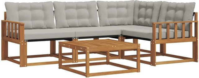 vidaXL Outdoor-Sofagarnitur 5-teilig aus Akazienholz und Textilene in L-Form mit Kissen, Farbe: Natur und Hellgrau - Bild 1