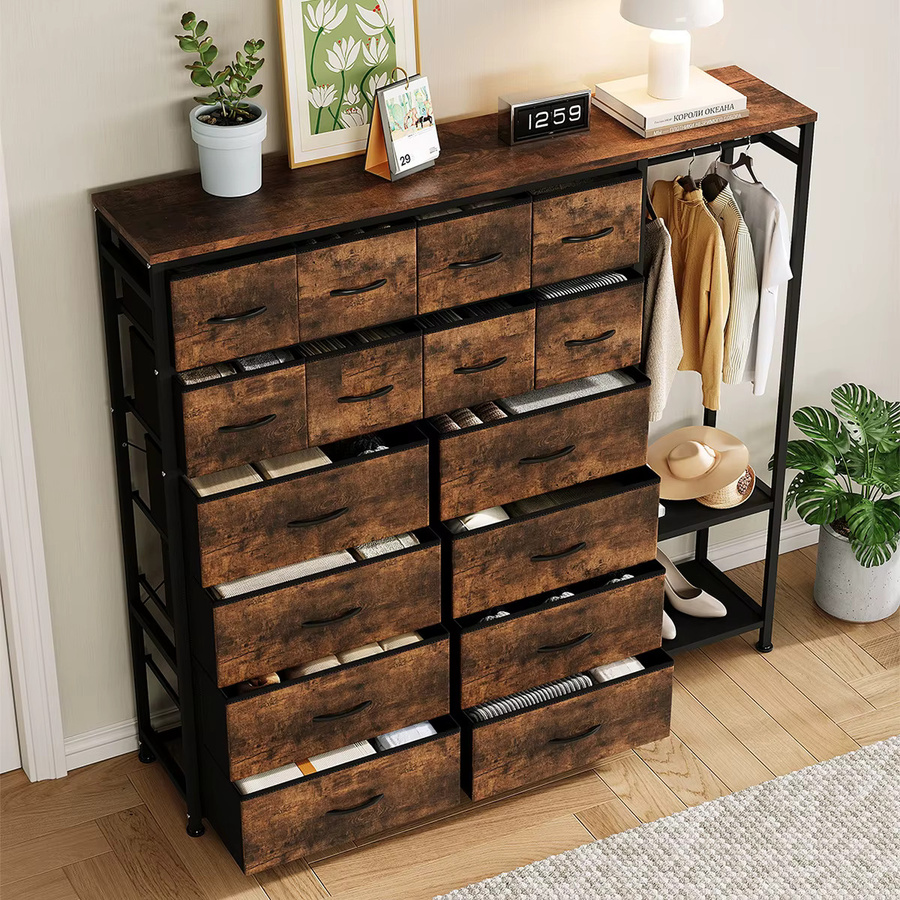 HiMISS Stoffschrank für den Eingangsbereich mit Metallrahmen, Schubladen und offenen Regalen, modern und multifunktional, Schwarz oder Braun - Bild 2
