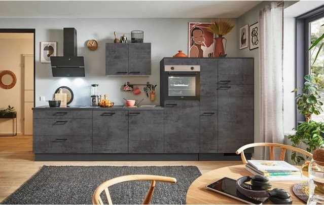 pino Küchenzeile Beton Grafitgrau mit 1 Apothekerschrank und Platz für 1 Gerät, Breite: 350 cm, Höhe: 174 cm, Tiefe: 60 cm - Bild 1