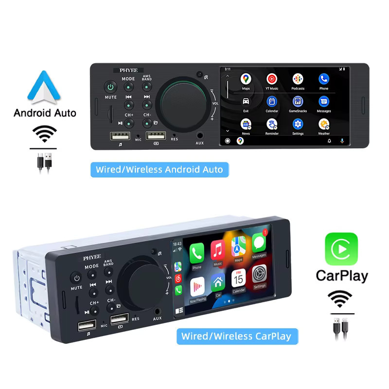 PHYEE F7805WR 1Din 4 Zoll Autoradio mit Wireless CarPlay und Android Auto, Bluetooth Freisprecheinrichtung, RDS FM/AM, USB, TF, AUX sowie Rückfahrkamera, Schwarz - Bild 4