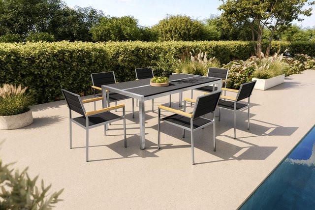 OUTFLEXX Garten-Essgruppe aus Edelstahl und Keramik in Schwarz und Silber, Tisch B: 200 cm, T: 100 cm und 6 Stühle, witterungsbeständig und modern gestaltet - Bild 1