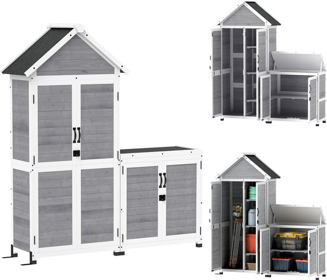 Outsunny 2 in 1 Gartenschrank aus Holz mit Satteldach und Ablage, wetterfester Geräteschuppen in Hellgrau, B/T/H: 89 x 51 x 182 cm - Bild 1