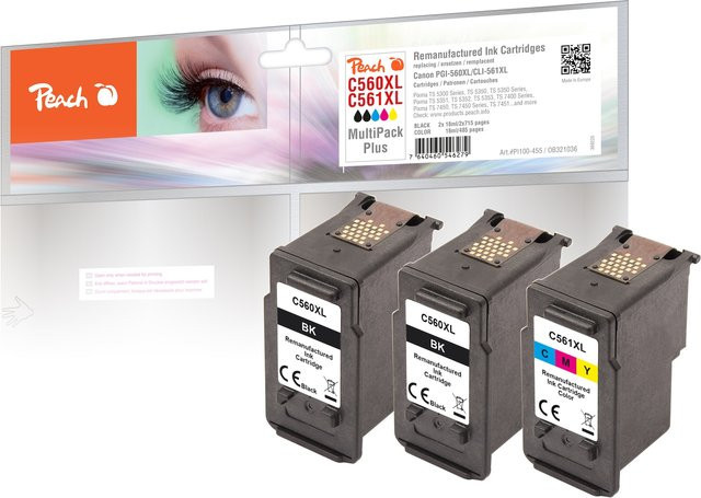 Peach C560 XL Tintenpatronen-Set für Canon Pixma TS 5350 i und TS 7451 a, ersetzt Canon PG-560XL und CL-561XL, Schwarz und Multicolor, wiederaufbereitet - Bild 1