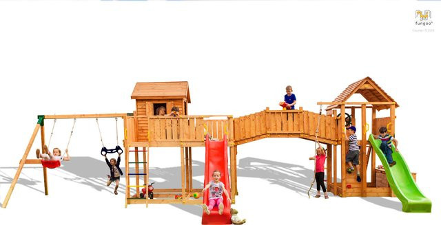 Fungoo Spielturm Maxi Set Smile Farm My Space XL Fortress Toybox Rainbow Move+ in Teak mit 2x Rutschen, 2x Spieltürmen, Verbindungsbrücke, Leiter, Schaukel, Trapez, Kletterseil und Kletterwand - Bild 1