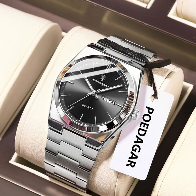 POEDAGAR Armbanduhr Quarz, Edelstahl, Schwarz, Silber, Herren - Bild 1