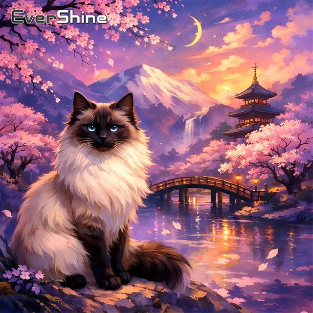 EverShine Diamantmalerei Set mit Berglandschaft, Kirschblüten und Katze als Mosaik-Stickerei mit Full Round Steinen - Bild 1