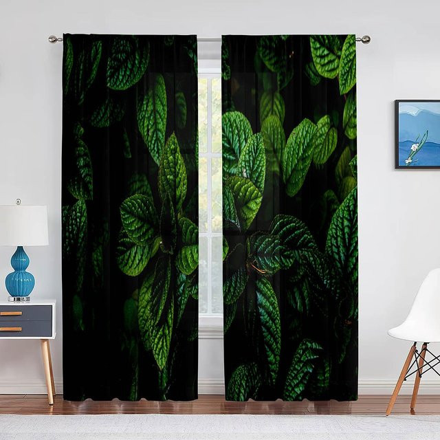 Super Six Transparent Voile Vorhang mit grünem Blättermuster in Blau, Breite: 100 cm, Höhe: 250 cm - Bild 1