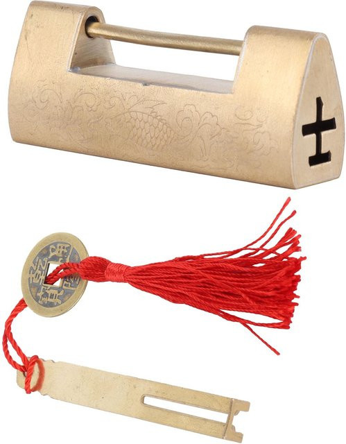 Konnwei Chinesisches Vorhängeschloss im alten Stil aus Messing mit Fisch-Gravur und Schlüssel, Farbe: Beige/Gold - Bild 1