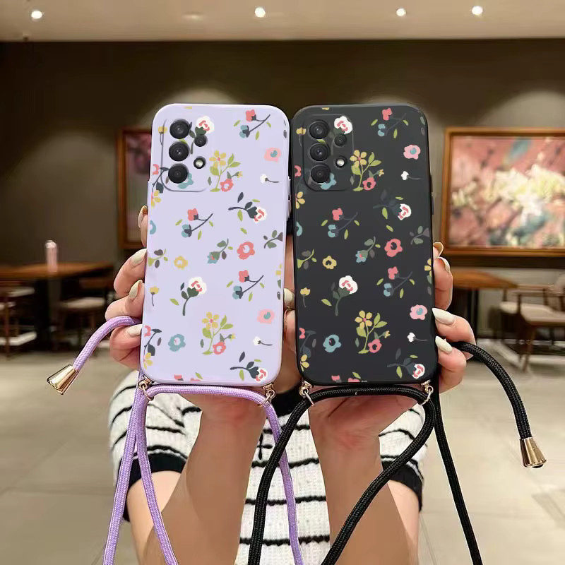 Silikon Handytasche mit Blumen-Motiv und Crossbody Lanyard für Samsung Galaxy A53 A54 A52 A51 A72 A50 A73 A32 A34 A21S A22 A24 in Purple - Bild 1