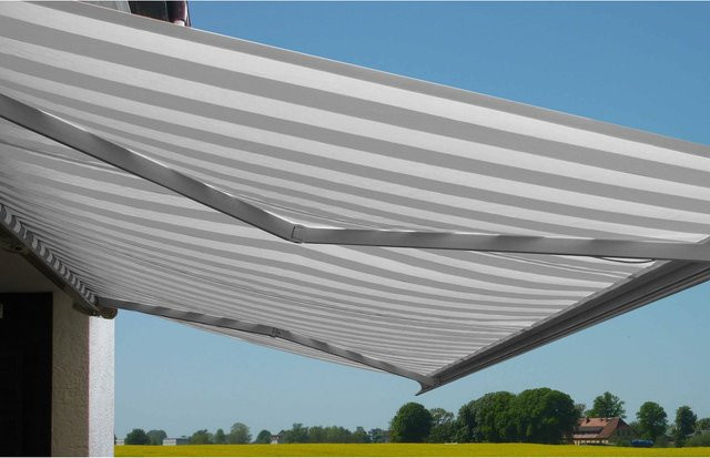 Elektrische Kassettenmarkise H122 von MCW in Vollkassette, Farbe: Acryl Grau/Weiß mit grauem Rahmen, B/H: 4 x 3 m - Bild 1